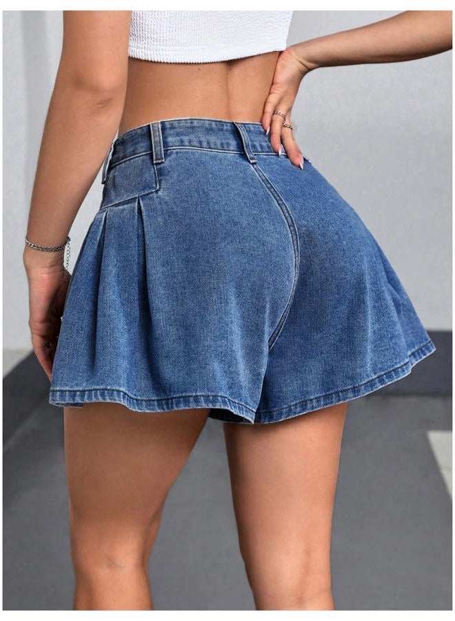 MakeMeChic Women's Pleated Zip Fly Button Front Wide Leg Denim Shorts Jean Skort Blue 27 - Image 2
