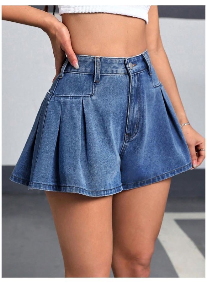 MakeMeChic Women's Pleated Zip Fly Button Front Wide Leg Denim Shorts Jean Skort Blue 27 - Image 4