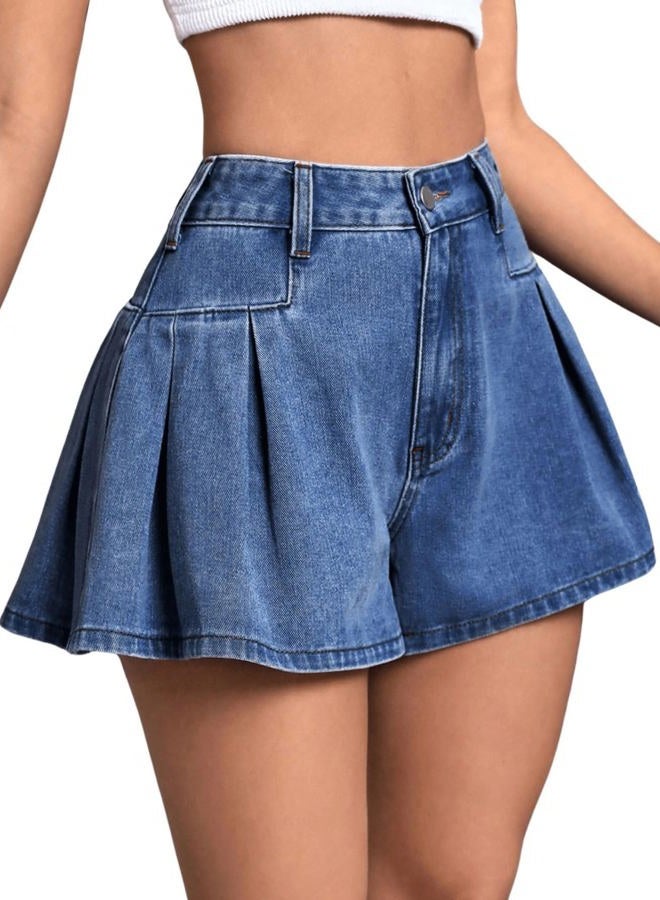 MakeMeChic Women's Pleated Zip Fly Button Front Wide Leg Denim Shorts Jean Skort Blue 27 - Image 1