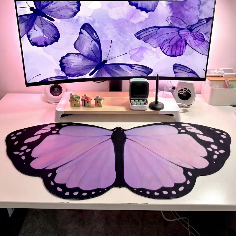 Tellegloww Large Purple Butterfly Gaming Mouse Pad Desk Mat Decorative Butterfly Keyboard Desk Mat with Non-Slip Base Purple Table Accessories for Office Home Study 35.43 x 15.75 Inches - Image 1