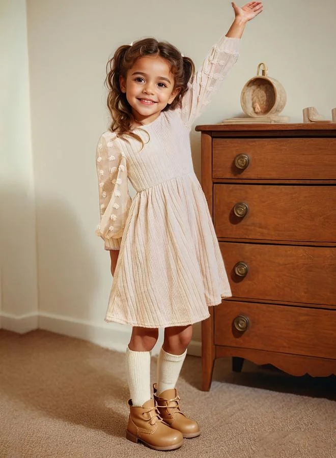 Take Two Take Two Girls Beige Textured Knit Dobby Dress