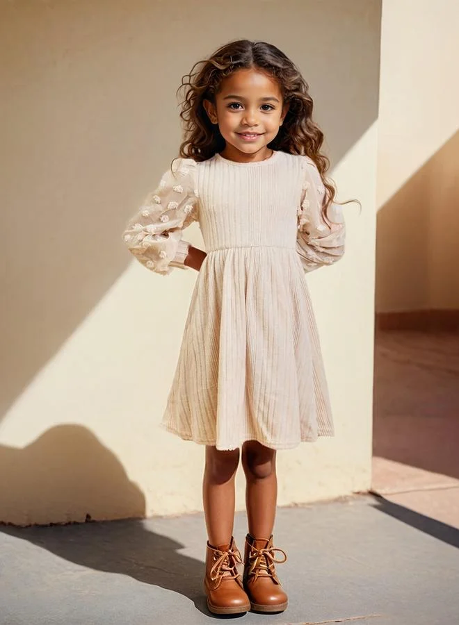 Take Two Take Two Girls Beige Textured Knit Dobby Dress