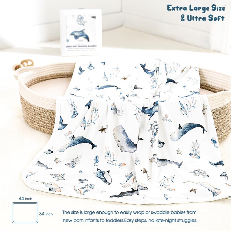 GRSSDER Baby Blankets Super Soft Jersey Knit Swaddle Blanket for Baby Girls and Boys, Double Layer Receiving Blankets 34 x 44 Inches, Extra Large for Baby Swaddling, Sea Fish - Image 2