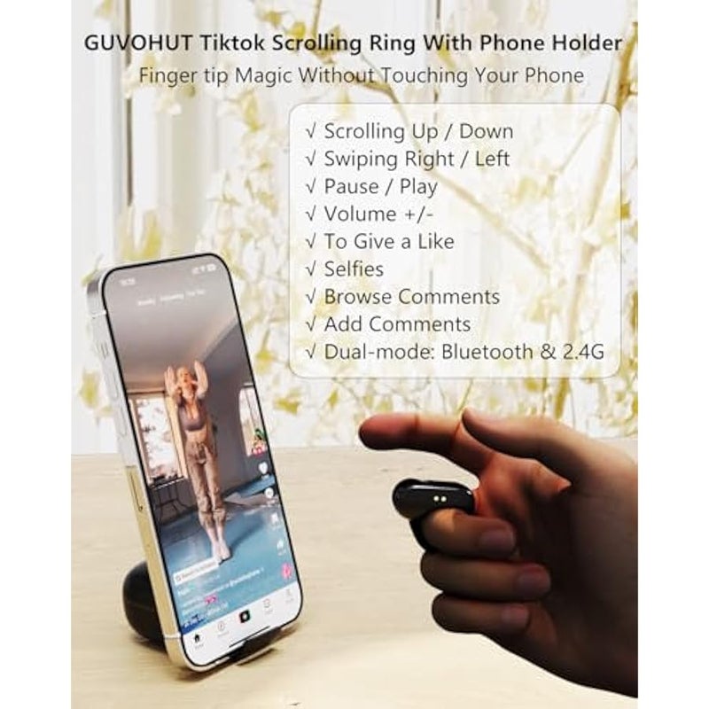أنكوفو حلقة تمرير تيك توك من جوفوهوت، ماوس هوائي مع لوحة لمس، بلوتوث / لاسلكي لاجهزة ايفون/اندرويد/الكمبيوتر، جهاز تحكم عن بعد للكاميرا/تسجيل الفيديو/تطبيق كيندل (اسود) - Image 2