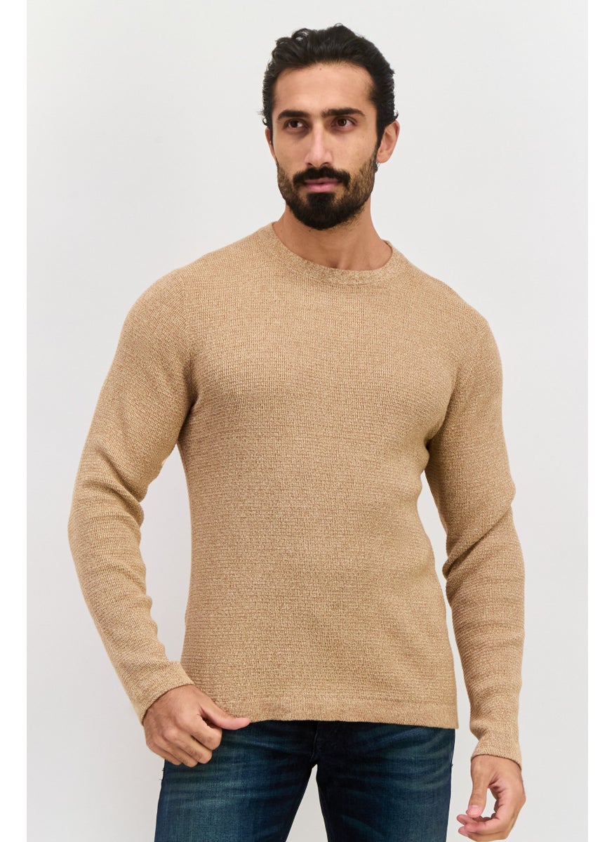 Selected Homme Men Crew Neck Long Sleeve Knitted Sweater, Dark Beige  - Image 1