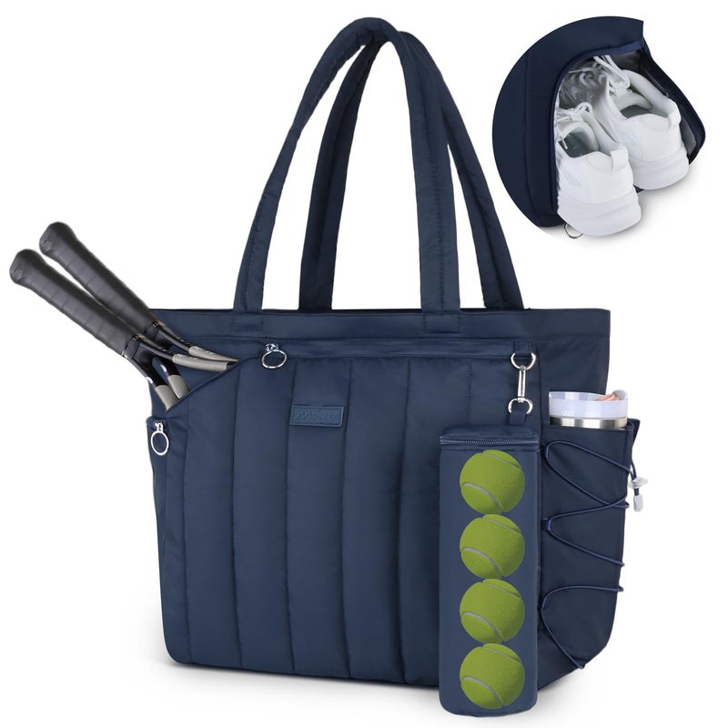 Movker Quilted Tennis Tote Bag for Women Gym Duffle Bag with Shoe Compartment & Wet Pocket Fits 2-4 Rackets and 15.6" Laptop Overnight Weekend Sports Bag with Fence Hook(Navy) - Image 1