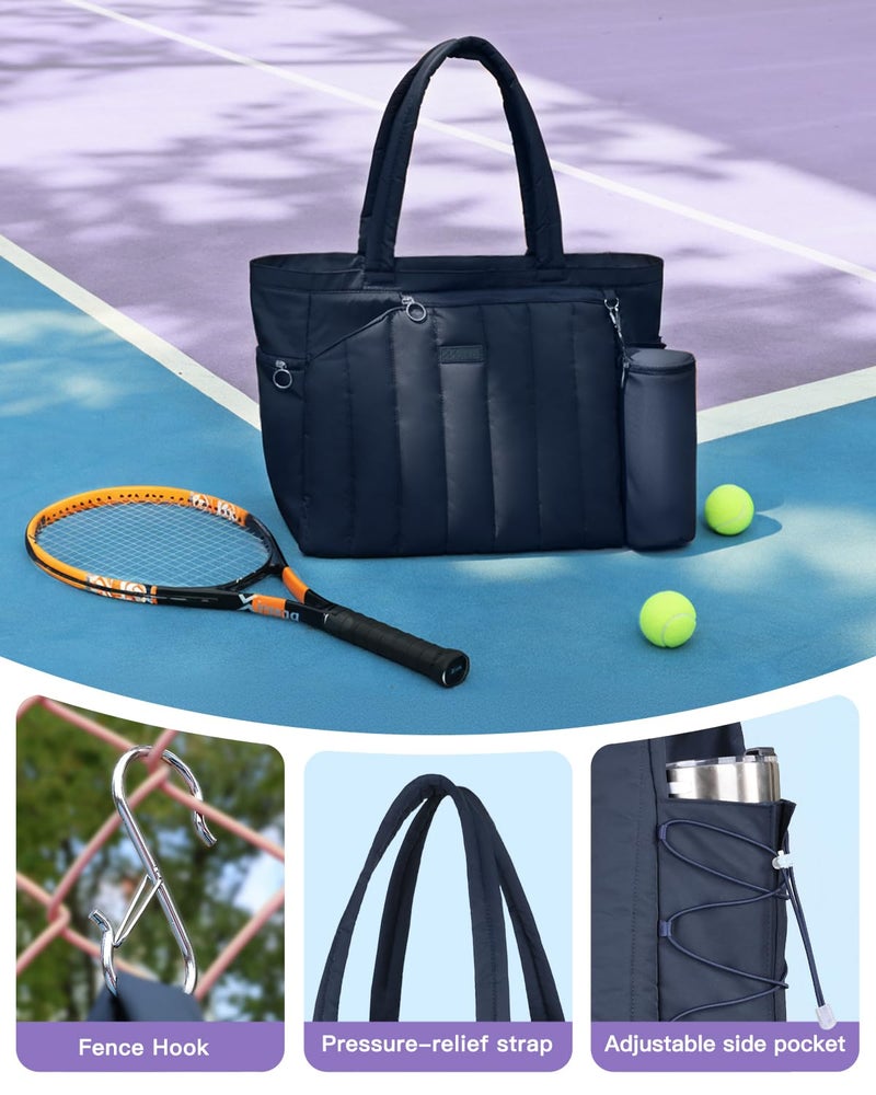 Movker Quilted Tennis Tote Bag for Women Gym Duffle Bag with Shoe Compartment & Wet Pocket Fits 2-4 Rackets and 15.6" Laptop Overnight Weekend Sports Bag with Fence Hook(Navy) - Image 5