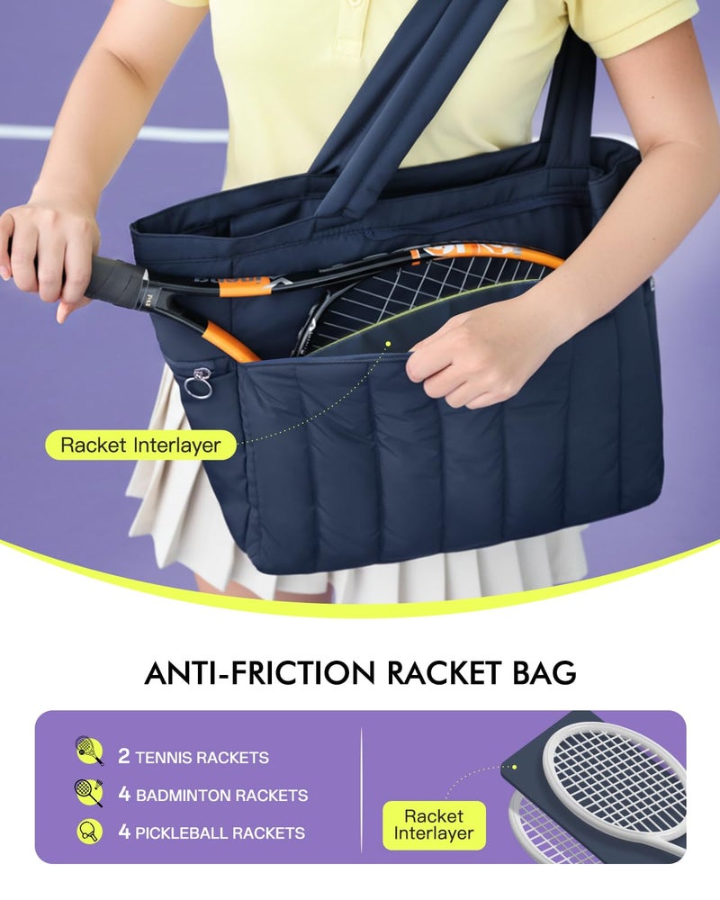 Movker Quilted Tennis Tote Bag for Women Gym Duffle Bag with Shoe Compartment & Wet Pocket Fits 2-4 Rackets and 15.6" Laptop Overnight Weekend Sports Bag with Fence Hook(Navy) - Image 2
