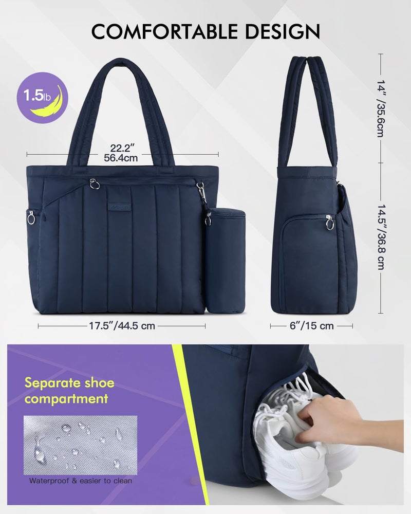Movker Quilted Tennis Tote Bag for Women Gym Duffle Bag with Shoe Compartment & Wet Pocket Fits 2-4 Rackets and 15.6" Laptop Overnight Weekend Sports Bag with Fence Hook(Navy) - Image 3