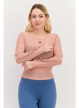 Women Sportswear Fit Long Sleeves Yoga Top, Tan Combo