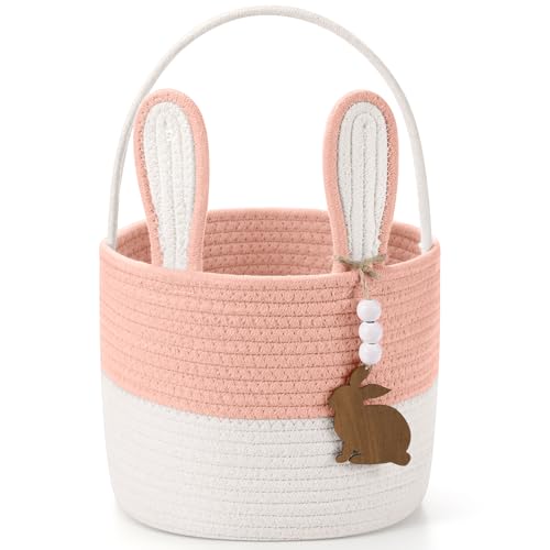SiliFine Easter Basket for Kids Easter Bunny Basket with Name Tag Detachable Rabbit Ear Rustic Woven Gift for Girl Boy Baby Spring Party Decoration SuppliesOrange Pink9 X 75 - Image 1