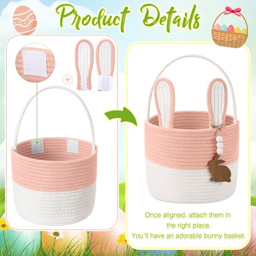 SiliFine Easter Basket for Kids Easter Bunny Basket with Name Tag Detachable Rabbit Ear Rustic Woven Gift for Girl Boy Baby Spring Party Decoration SuppliesOrange Pink9 X 75 - Image 3