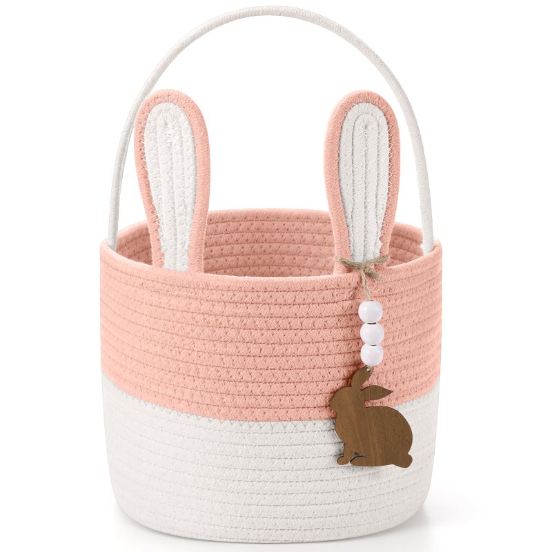 SiliFine Easter Basket for Kids Easter Bunny Basket with Name Tag Detachable Rabbit Ear Rustic Woven Gift for Girl Boy Baby Spring Party Decoration SuppliesOrange Pink9 X 75 - Image 2