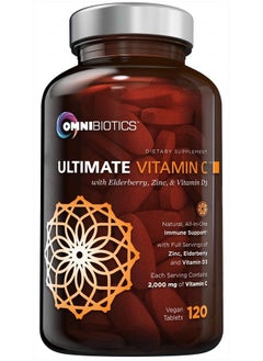OmniBiotics Ultimate Vitamin C 2000 mg with Full Servings of Zinc, Elderberry, & Vitamin D3 - Advanced Immune Support & Antioxidant Supplement - 120 Vegan Tablets  - Image 1