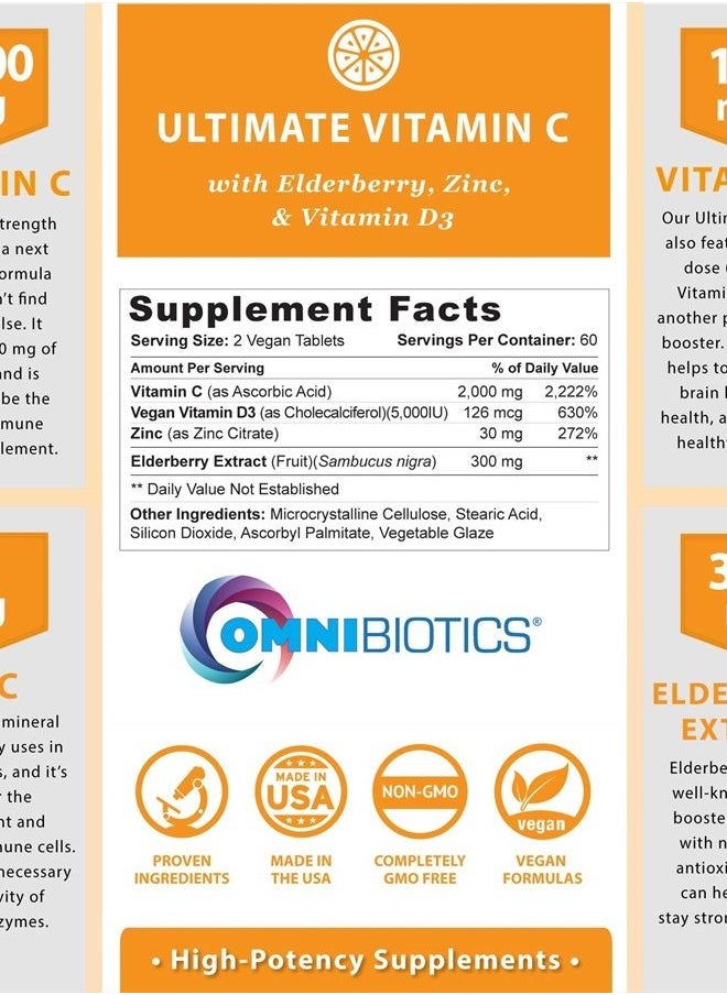 OmniBiotics Ultimate Vitamin C 2000 mg with Full Servings of Zinc, Elderberry, & Vitamin D3 - Advanced Immune Support & Antioxidant Supplement - 120 Vegan Tablets  - Image 2