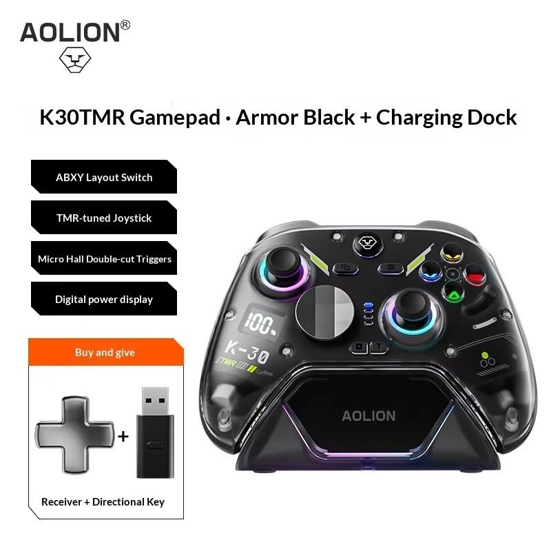Aolion K30 Wireless RGB Game Controller for Switch 2 / PC / Phone, Hall Trigger, with Charging Base, Black - Image 1