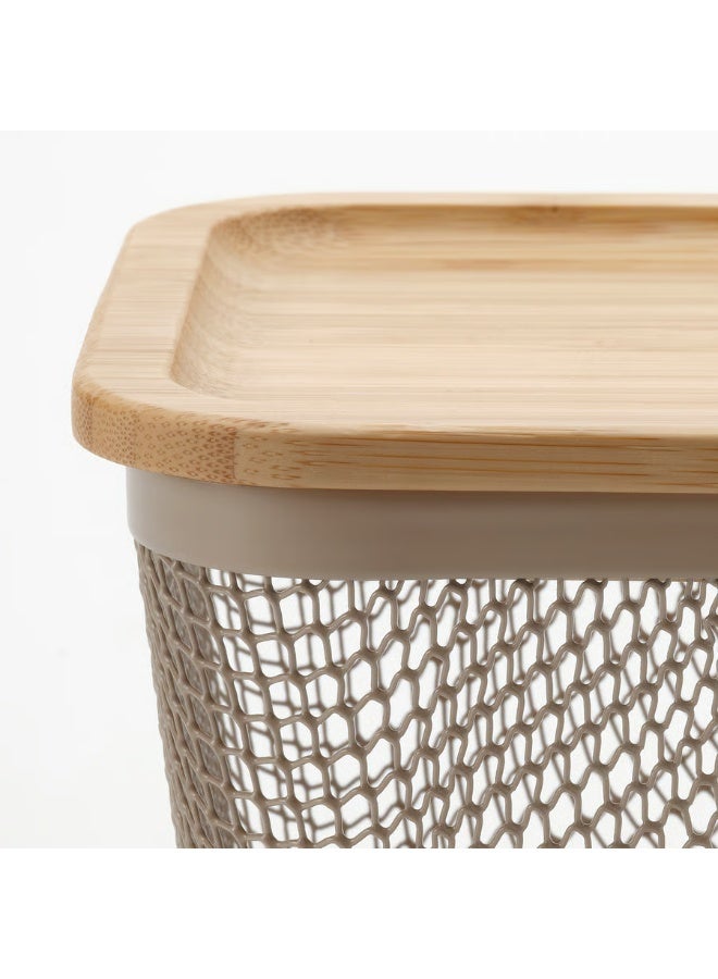 Food Storage Basket With Lid Square Metal Light Grey-Brown Bamboo 15x15x11 cm - Image 3