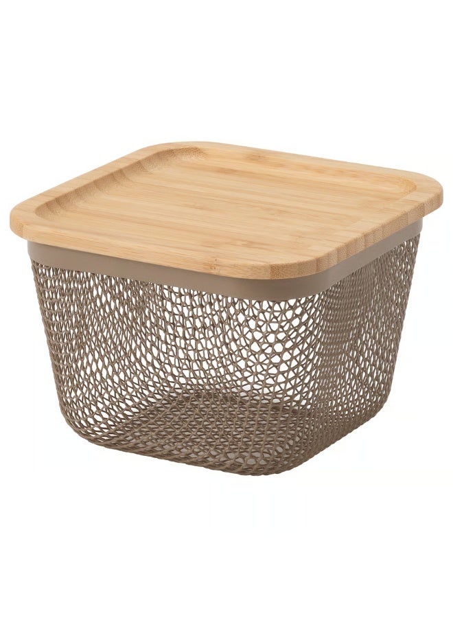 Food Storage Basket With Lid Square Metal Light Grey-Brown Bamboo 15x15x11 cm - Image 1