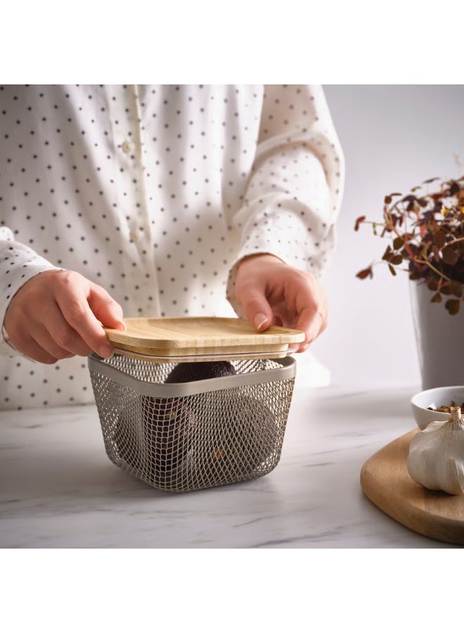 Food Storage Basket With Lid Square Metal Light Grey-Brown Bamboo 15x15x11 cm - Image 2