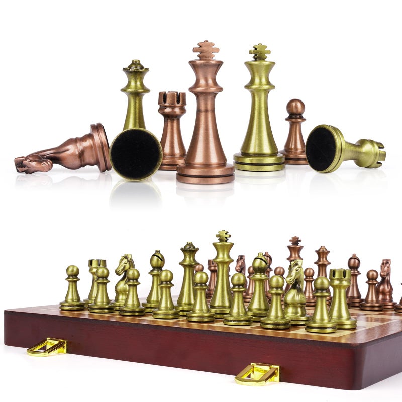 Agirlgle Retro Metal Chess Set with Folding Wooden Chess Board and Classic Handmade Standard Pieces Metal Chess Set for Kids Adult - Image 1