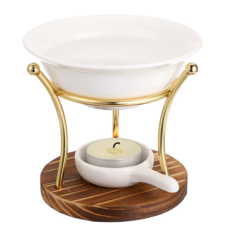 BSTKEY Metal Wooden Wax Melt Burner Essential Oil Burner with Ceramic Bowl Decorative Aroma Diffuser Wax Burner Tealight Candle Holder Burner