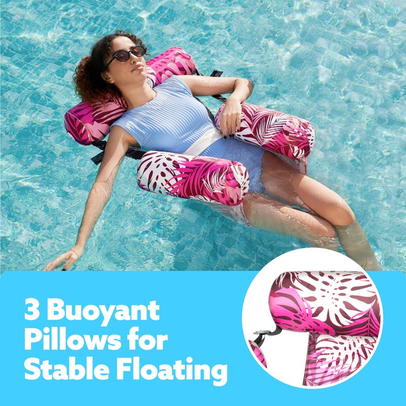 SLOOSH Pool Floats Chairs Adult Inflatable Pool Lounge Plant Pattern Floating Mat Hammock Blow up Water Chairs Noodles rafts for Party Summer Water Beach Fun Pink Leaves - Image 2