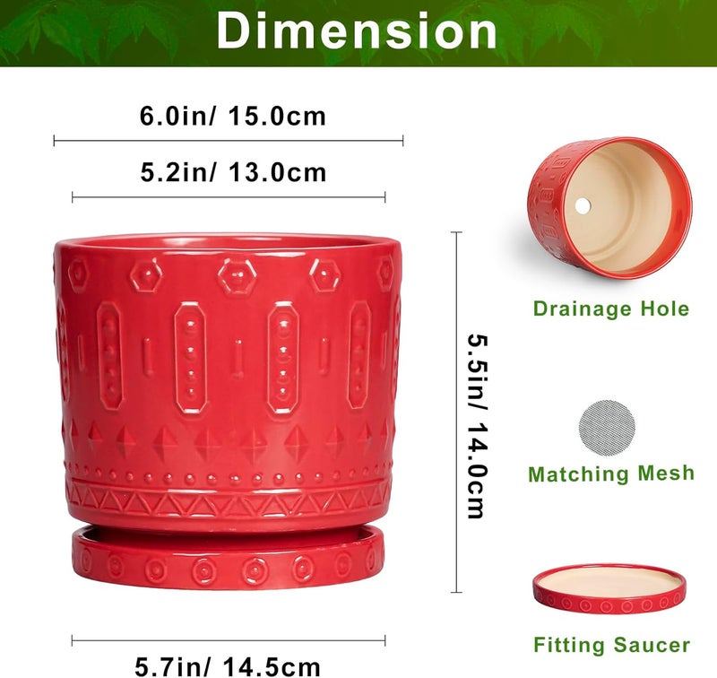 Eightpot 6 Inch Ceramic Planter Pot Plant Pot with Drainage Hole and Saucer, Round Large Flower Pot for Indoor Plants Outdoor Garden Planter Pot, Red - Image 2
