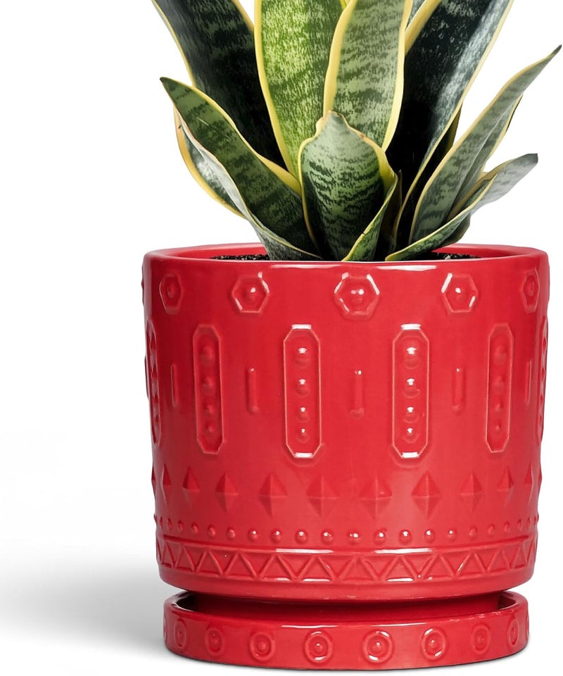 Eightpot 6 Inch Ceramic Planter Pot Plant Pot with Drainage Hole and Saucer, Round Large Flower Pot for Indoor Plants Outdoor Garden Planter Pot, Red - Image 1