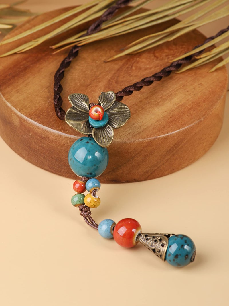 MINACHI Vintage Bohemian Colorful Ceramic Bead Antique Flower Y Necklace, Vintage Boho Hippie Statement Jewelry Gift for Women (1) - Image 3
