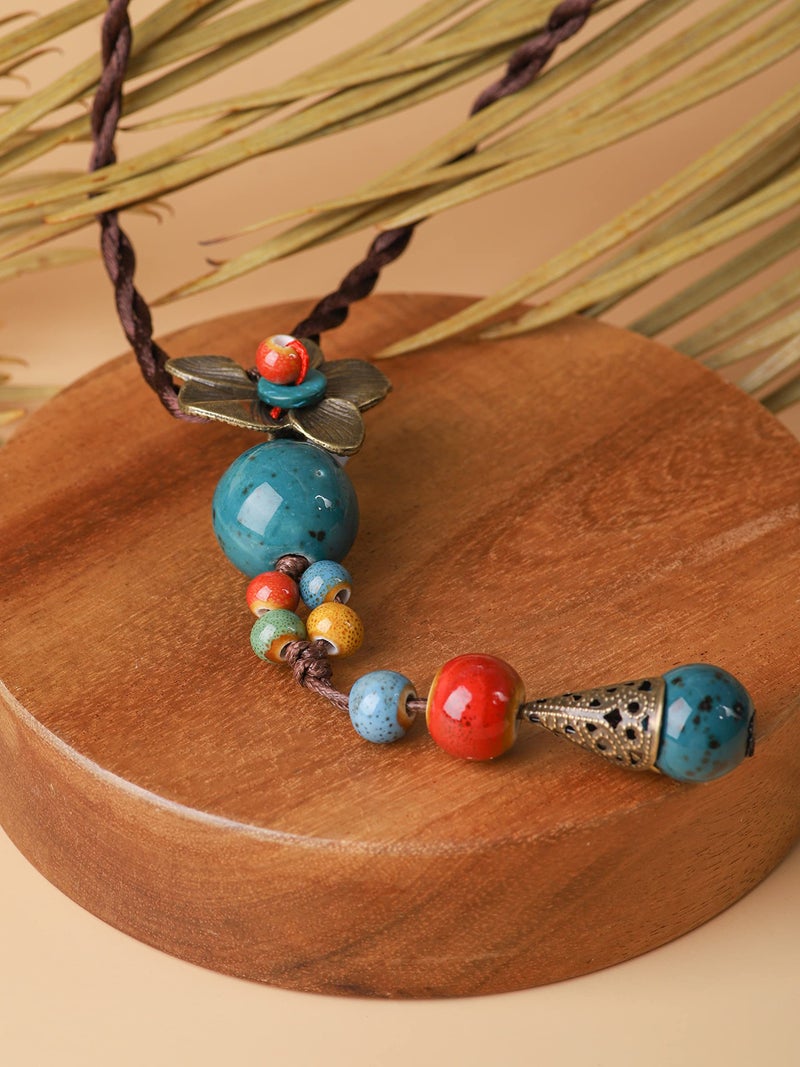 MINACHI Vintage Bohemian Colorful Ceramic Bead Antique Flower Y Necklace, Vintage Boho Hippie Statement Jewelry Gift for Women (1) - Image 2