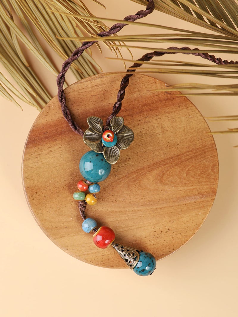 MINACHI Vintage Bohemian Colorful Ceramic Bead Antique Flower Y Necklace, Vintage Boho Hippie Statement Jewelry Gift for Women (1) - Image 4