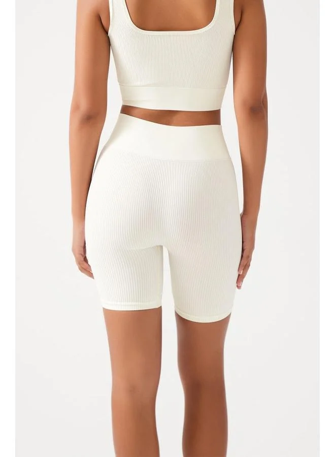 Los Ojos Women's Beige High-Waisted Shaping Short Sport Leggings Ribbed Biker.