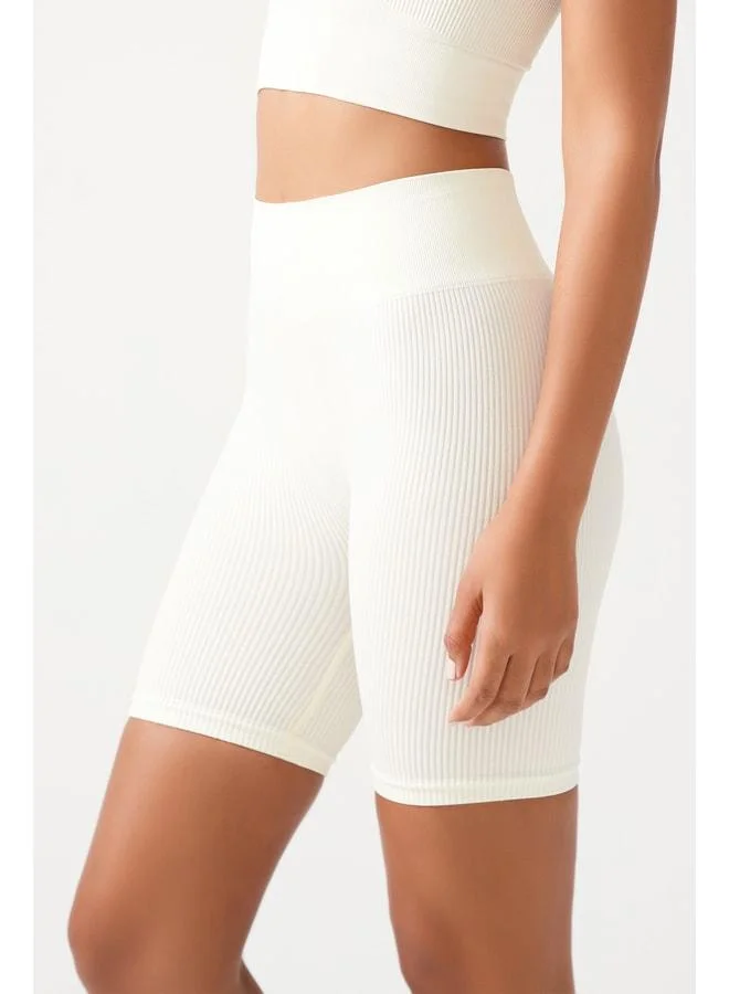 Los Ojos Women's Beige High-Waisted Shaping Short Sport Leggings Ribbed Biker.