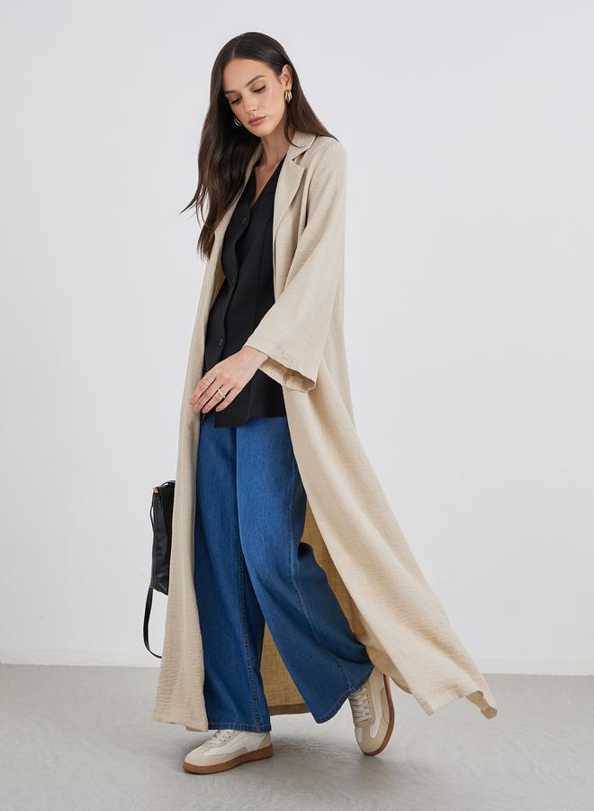 Styli Women Beige Front Open Abaya with Notch Lapel - Image 1
