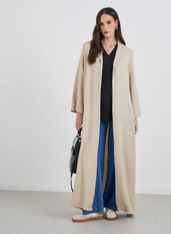 Styli Women Beige Front Open Abaya with Notch Lapel - Image 2