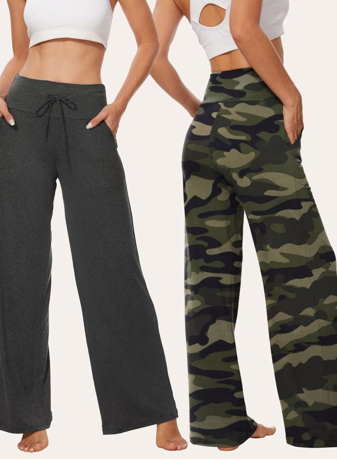 TNNZEET 3 Pack Women's Wide Leg Pants with Pockets - Casual Loose Yoga Trouser Pants Sweatpants Palazzo Lounge Pajama Pants, Black, Charcoal Grey, Camouflage, XXL - Image 2