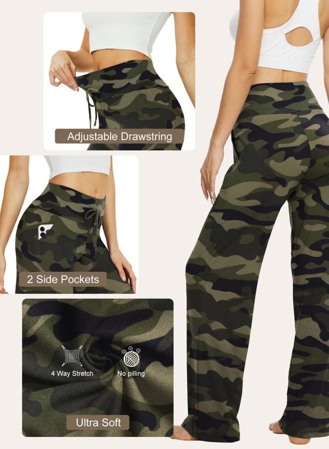 TNNZEET 3 Pack Women's Wide Leg Pants with Pockets - Casual Loose Yoga Trouser Pants Sweatpants Palazzo Lounge Pajama Pants, Black, Charcoal Grey, Camouflage, XXL - Image 3