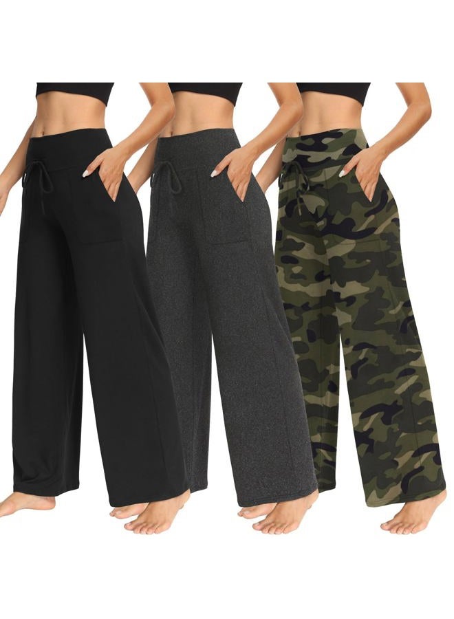 TNNZEET 3 Pack Women's Wide Leg Pants with Pockets - Casual Loose Yoga Trouser Pants Sweatpants Palazzo Lounge Pajama Pants, Black, Charcoal Grey, Camouflage, XXL - Image 1