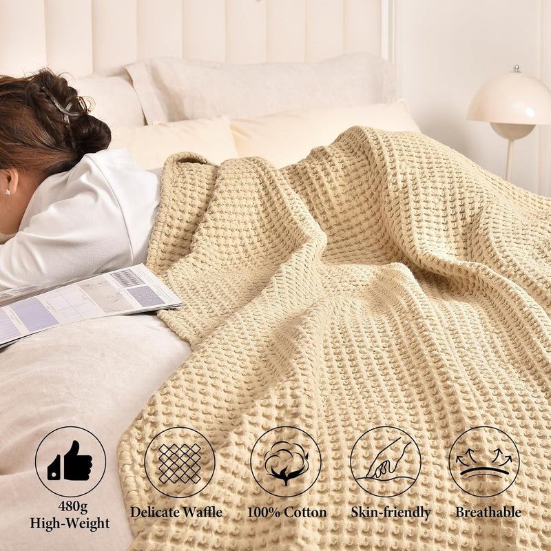 PHF بطانية كوين بحجم (230 سم × 230 سم) 400 غرام لكل متر مربع 100% قطن مغسول بنمط الوافل، رمي مريح وقابل للتنفس وصديق للبشرة لجميع الفصول، غطاء سرير فاخر لفصل الخريف للأريكة والسرير، بيج - Image 3