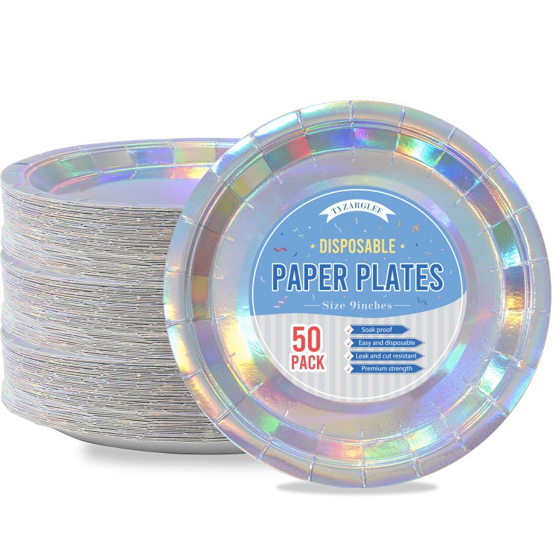 Tyzarglef Iridescent Disposable Paper Plates, 50 Count 9' Dinner Plates Bulk for Party Supplies, Colored and Sturdy for Birthday, Halloween, Baby Shower, Bridal Party Supplies - Image 1