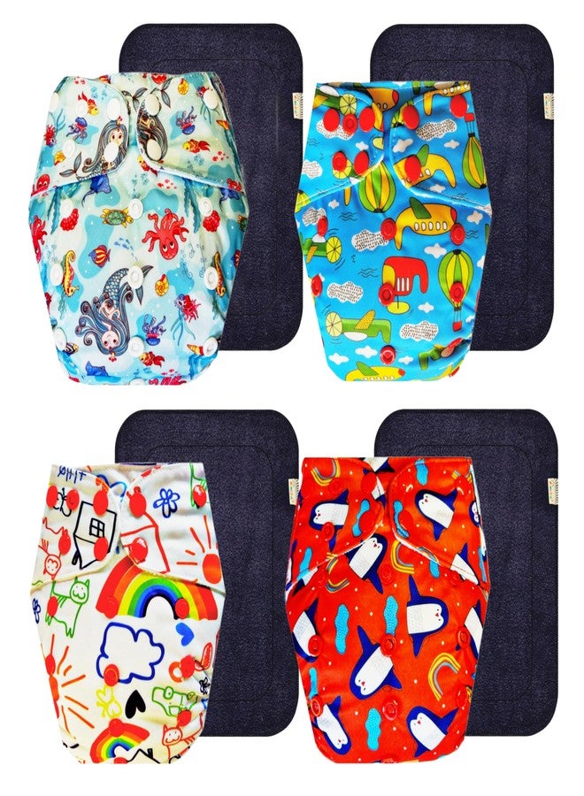 حفاضات قماشية فاخرة من دمبلدو مع حشوة سوداء (عبوة من 4) | ملائمة تمامًا | مانعة للتسرب | مناسبة للسفر | مثالية لفصل الصيف الهندي | من 3 أشهر إلى 3 سنوات | للجنسين - Image 1