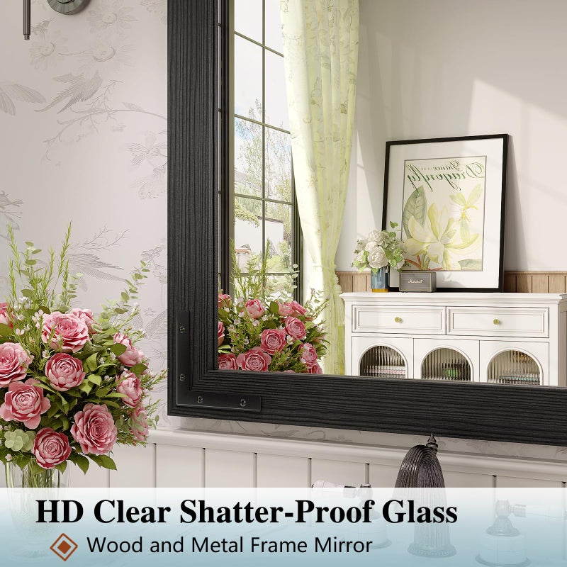 JIINGYO Farmhouse Mirror for Bathroom, 40x26 Inch Black Vanity Mirror for Wall, Wood Framed Rustic Mirror Rectangular Wall Decor Mirrors for Entryway Living Room Bedroom - Image 4