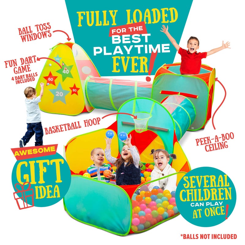 Kiddzery 5pc Kids Play Tent for Toddlers Boys & Girls with Ball Pit, Crawl Tunnel, Target Game & Tents, Playhouse Toys, Boys Indoor & Outdoor Play House, Gift for Toddler Boys & Girls, 4 Dart Balls Included - Image 5