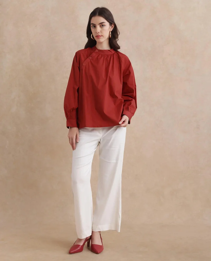 Rareism Women's High Neck Top With Button Detailing