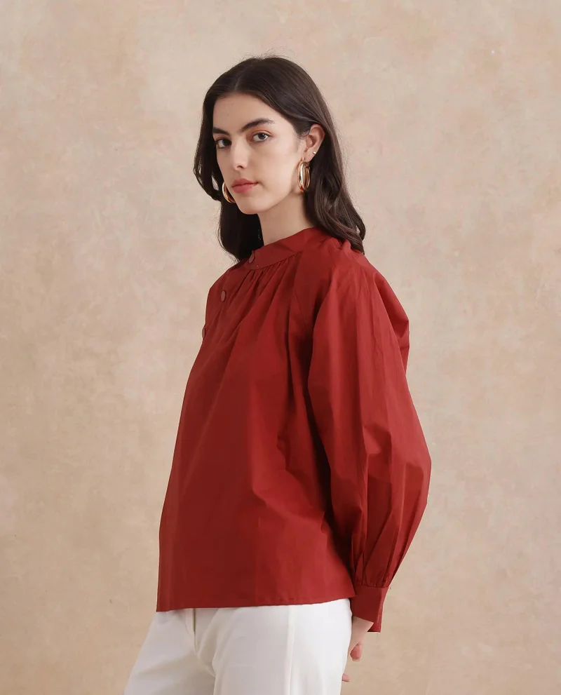 Rareism Women's High Neck Top With Button Detailing