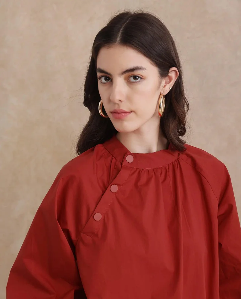 Rareism Women's High Neck Top With Button Detailing