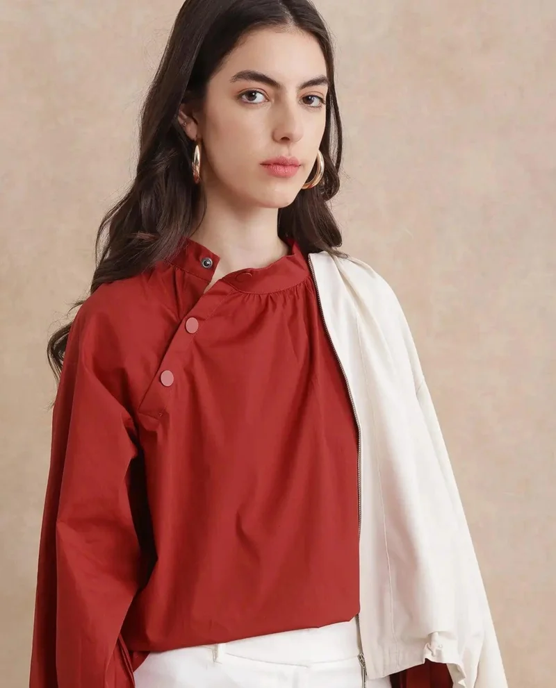 Rareism Women's High Neck Top With Button Detailing