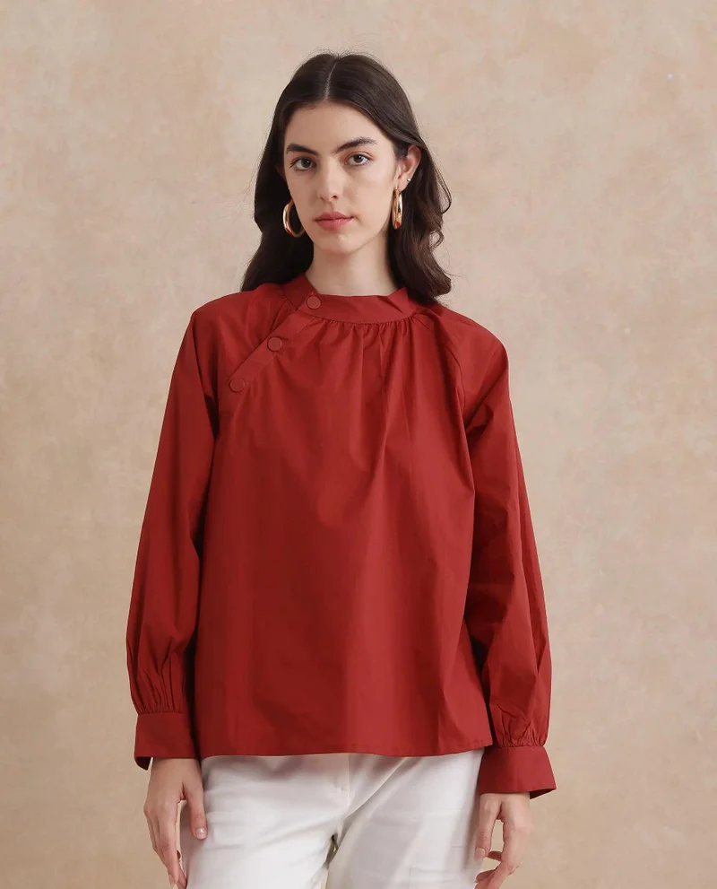 Rareism Women's High Neck Top With Button Detailing