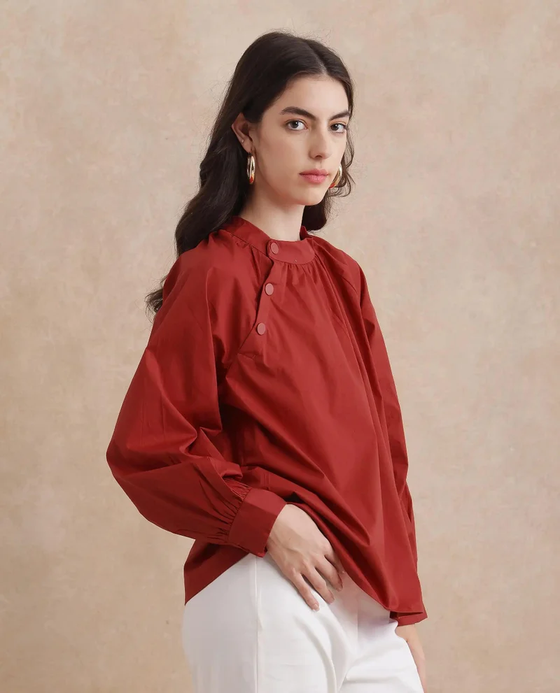 Rareism Women's High Neck Top With Button Detailing