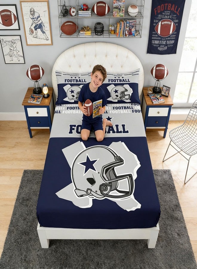 Homewish American Football Kids Fitted Sheet Twin Size,Western Texas Star Cowboy Football Sports Bedding Set,Boys Men Room Decor,Rugby Helmet Games Bed Cover,Blue Grey Bed Sheet,1 Pillowcase - Image 1